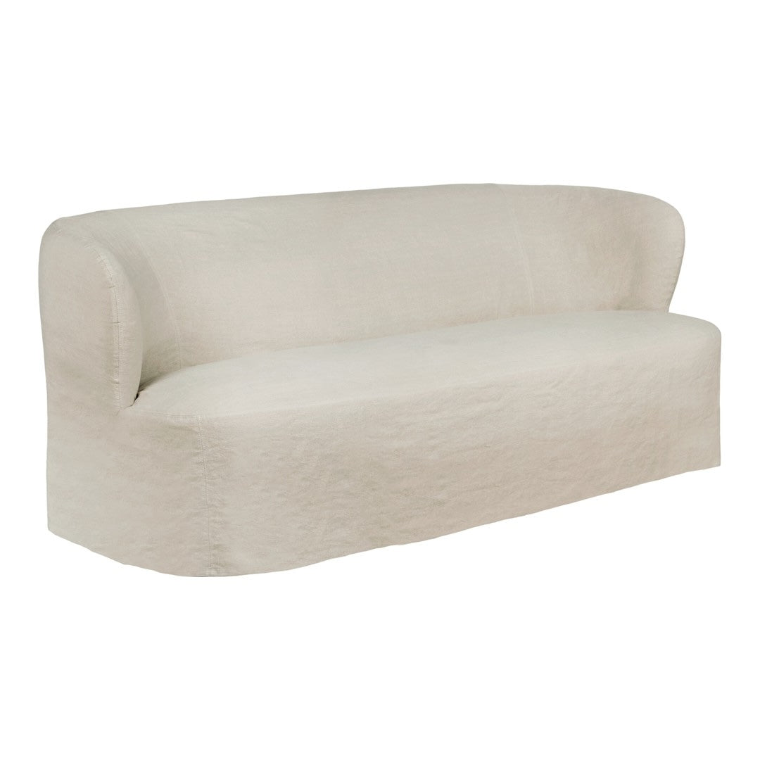 Cream-colored, minimalist sofa with a smooth, curved design and subtle texture for a modern aesthetic.
