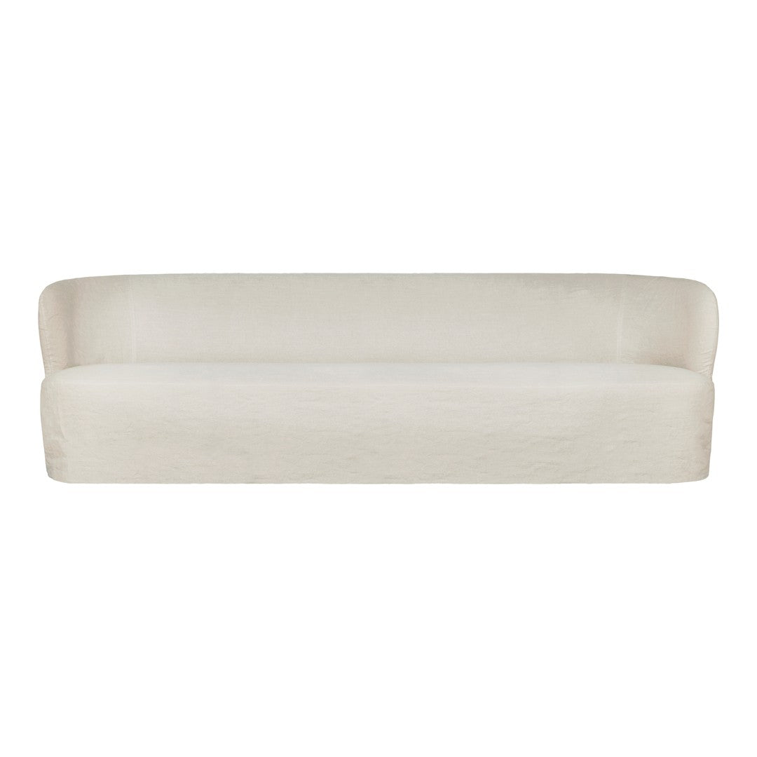 Soft beige sofa with a smooth, solid pattern, perfect for a minimalist decor style.