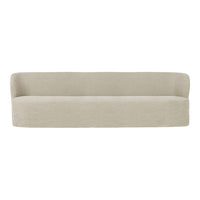 Beige minimalist sofa with a smooth, solid fabric pattern and rounded edges, perfect for modern decor.