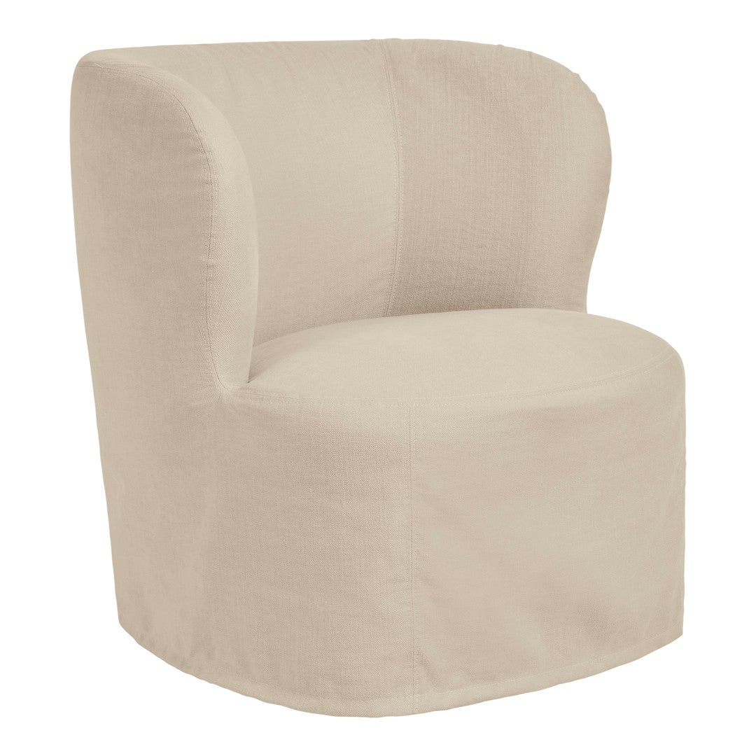 Beige upholstered chair with a smooth, minimalist design and subtle curve, perfect for modern decor.
