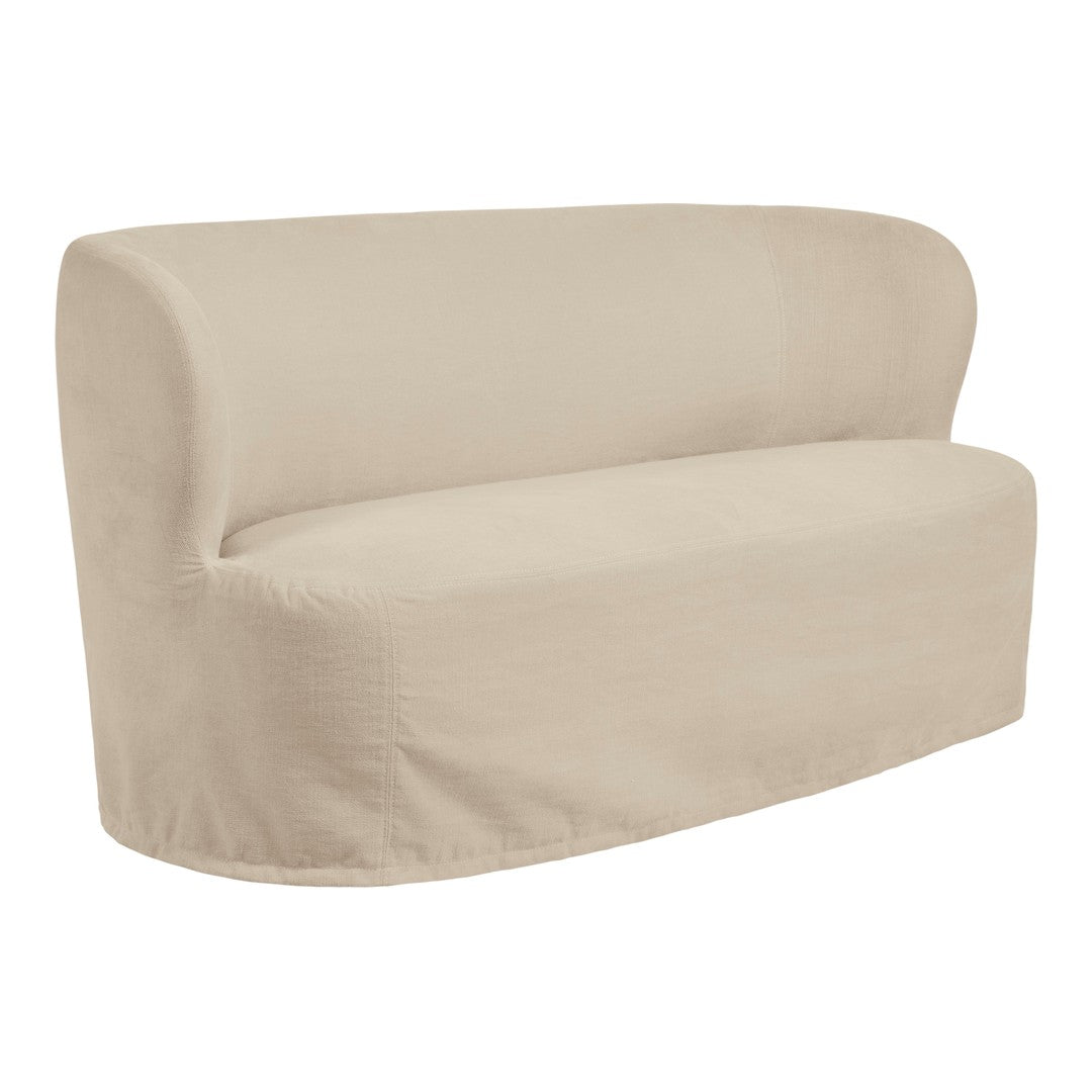Beige curved sofa cover with a smooth, solid fabric texture, perfect for a modern and minimalist décor.