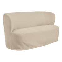 Beige curved sofa cover with a smooth, solid fabric texture, perfect for a modern and minimalist décor.