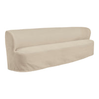 Beige slipcover sofa with a smooth, minimalist design and curved edges, perfect for modern interiors.