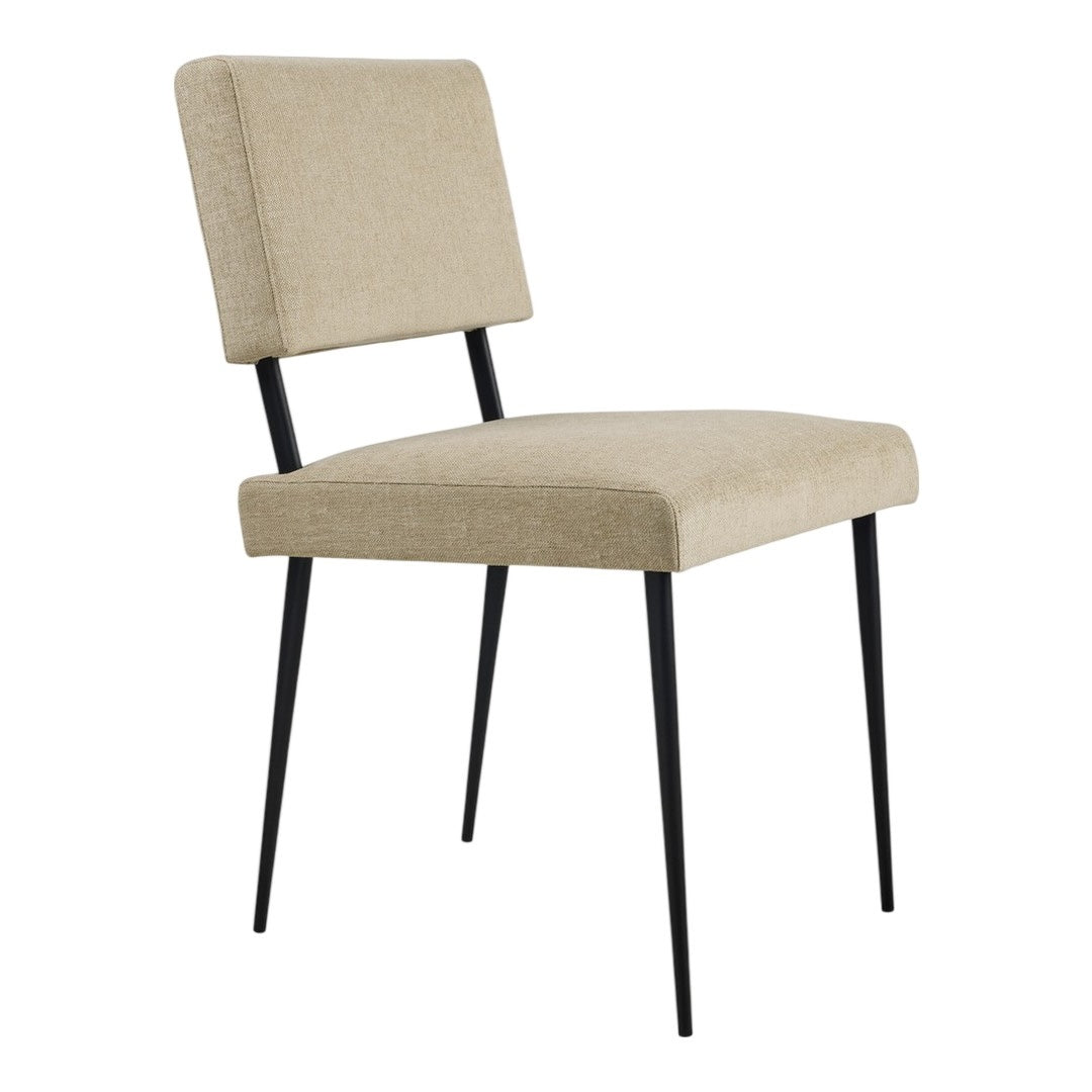 Beige upholstered chair with sleek black metal legs, featuring a minimalist design and subtle texture. 