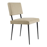 Beige upholstered chair with sleek black metal legs, featuring a minimalist design and subtle texture. 