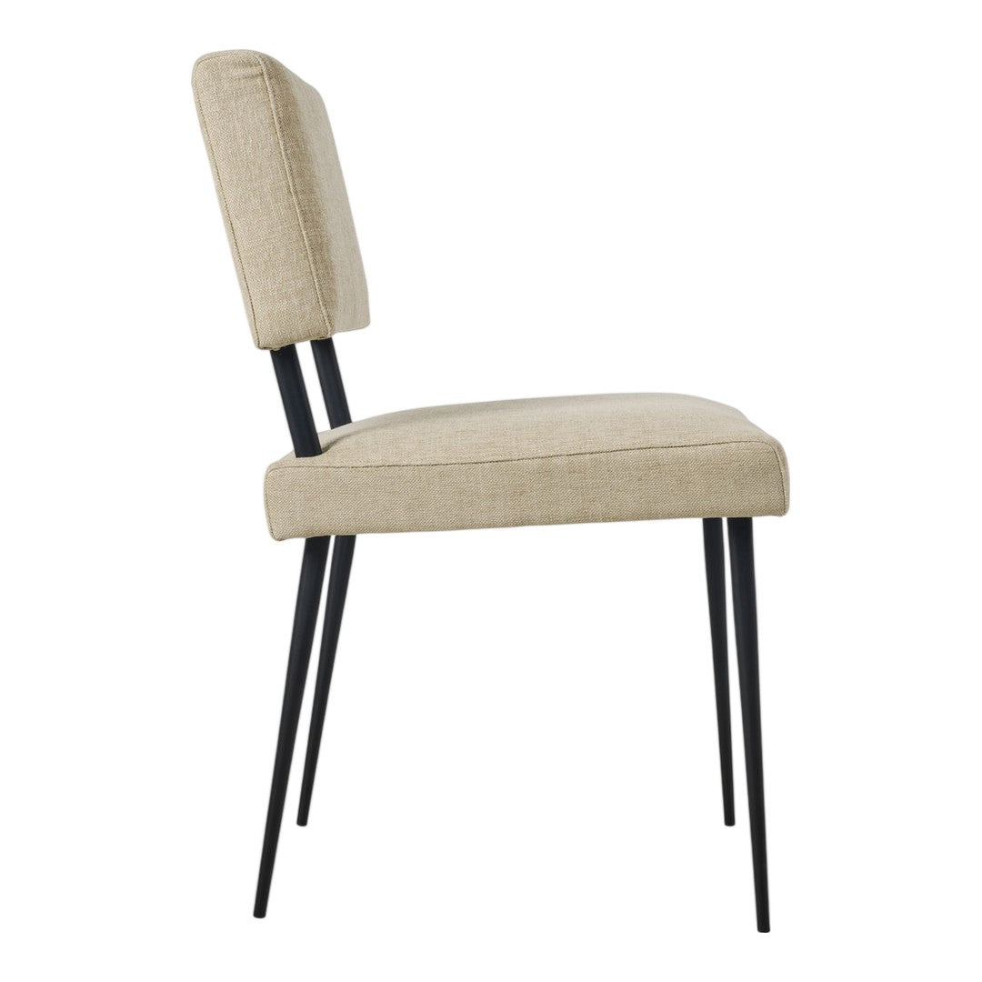 Beige upholstered chair with a sleek black metal frame, featuring a minimalist design and subtle texture.