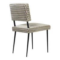 Geometric-patterned chair with a muted gray and cream color scheme, featuring black metal legs.