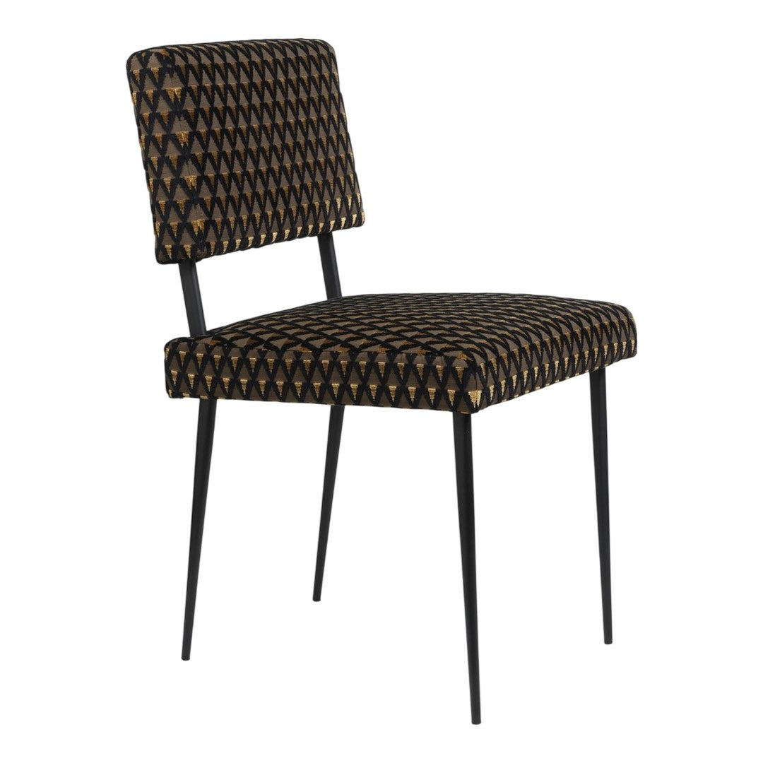 Black chair with diamond-patterned upholstery in gold and brown tones, featuring sleek black metal legs.