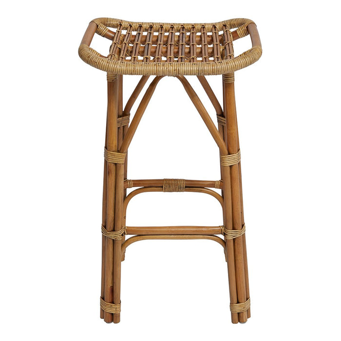Natural bamboo bar stool with a woven seat, featuring a light brown color and intricate, textured pattern.