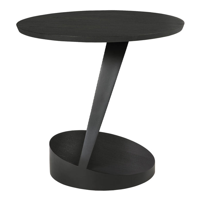 Sleek black round table with a modern, abstract design and a unique, geometric base. Perfect for contemporary spaces.
