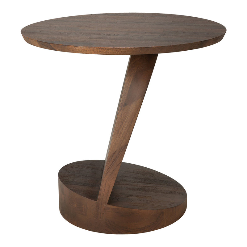 Round wooden side table with a rich brown finish and sleek, modern design featuring a unique angular base.