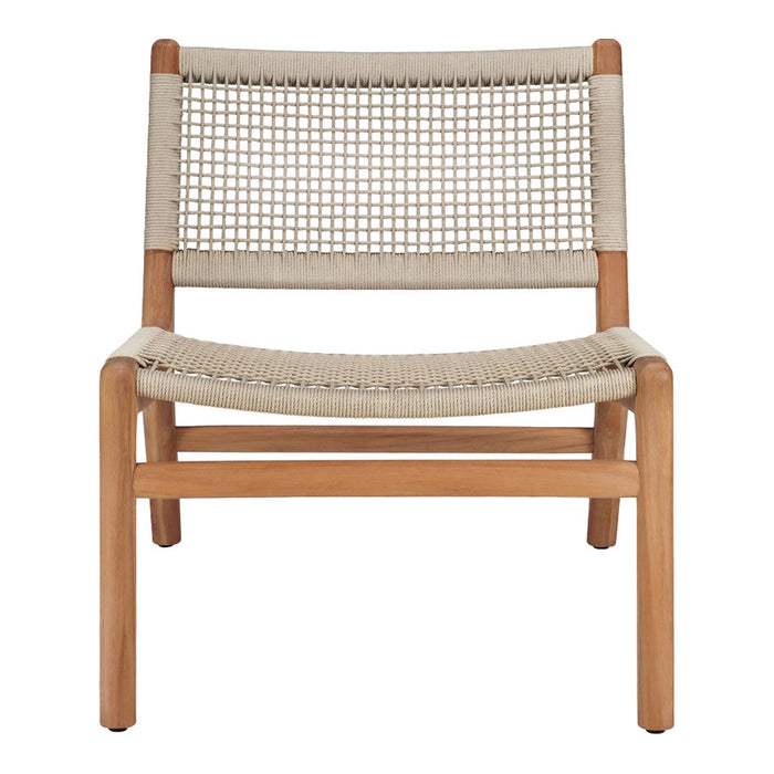 Neutral beige woven seat and back with natural wood frame, featuring a simple, elegant design.
