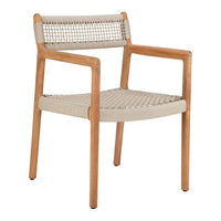 Beige woven seat and backrest with natural wood armrests and legs, featuring a minimalist design.