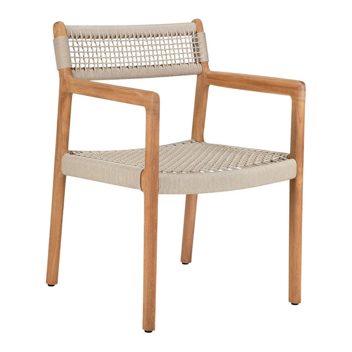 Beige woven seat and backrest with natural wood armrests and legs, featuring a minimalist design.