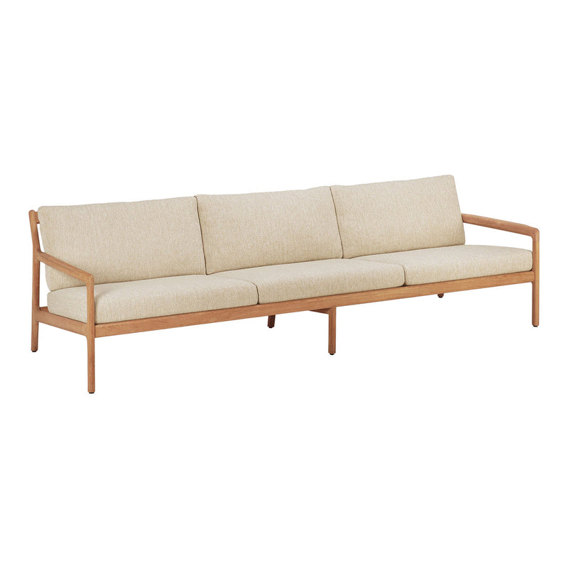 Beige fabric sofa with a light wooden frame, featuring a simple, modern design and clean lines.