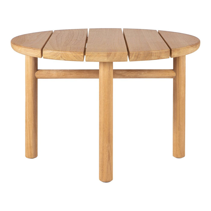 Light wood round table with a smooth finish and slatted top design, showcasing natural beige tones and clean lines.