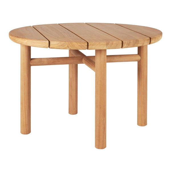 Natural wood round table with a slatted top, featuring a warm honey-brown color and a simple, modern design.