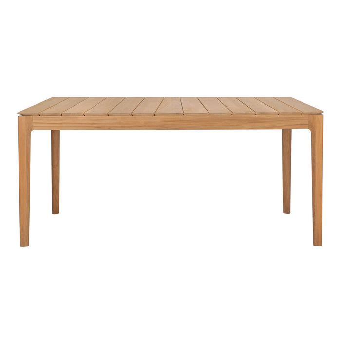 Natural wood dining table with a warm honey finish and smooth, slatted surface. Ideal for modern or rustic decor.