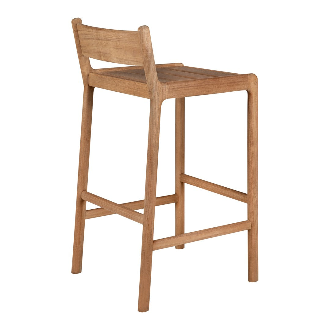 Natural wood bar stool with a smooth finish and minimalist design, showcasing warm beige tones.