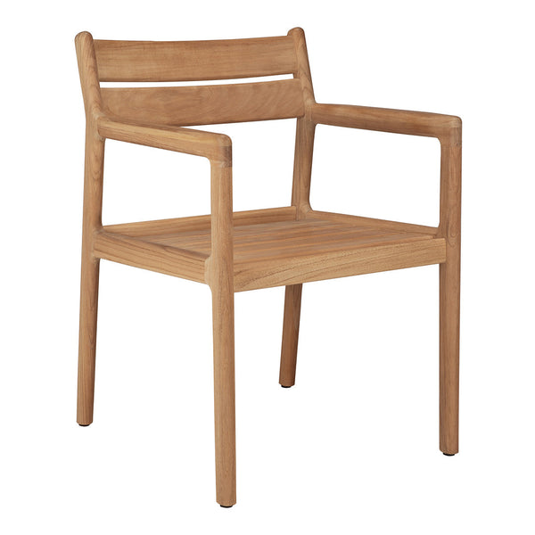 Natural wood armchair in light brown finish with a simple, contemporary design. Clean lines and minimalist style.