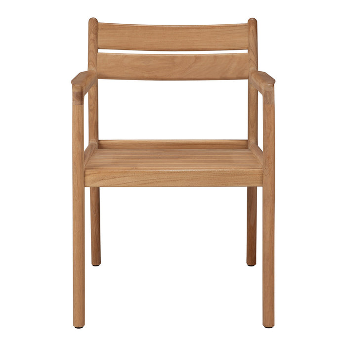 Natural wood finish armchair with a simple, modern design; features straight lines and a light, textured pattern.