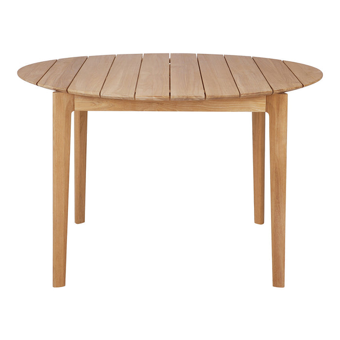 Natural wood round dining table with a light finish and slatted design, perfect for modern or rustic decor.