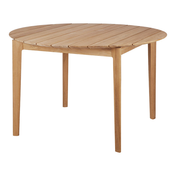 Round wooden table with a natural light brown finish and sleek, slatted design. Perfect for any modern decor.