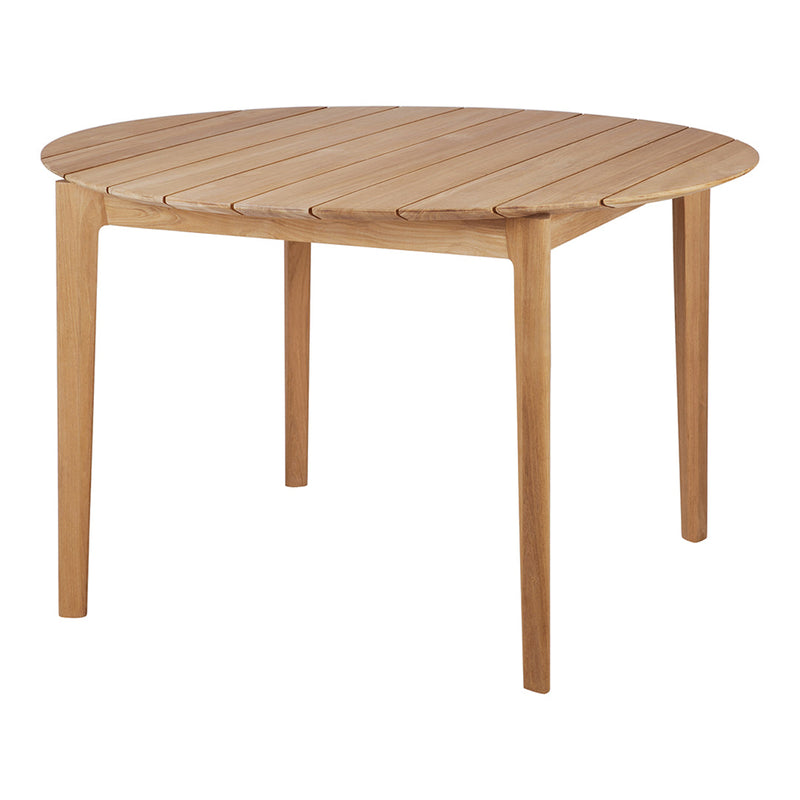 Round wooden table with a natural light brown finish and sleek, slatted design. Perfect for any modern decor.