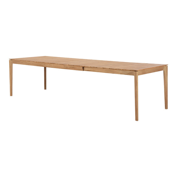 Light natural wood dining table with a sleek, slatted surface and minimalist design. Perfect for modern decor.
