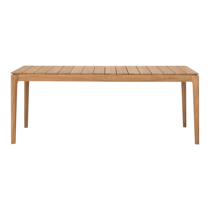 Light oak dining table with a sleek, slatted design showcasing natural wood grain patterns.