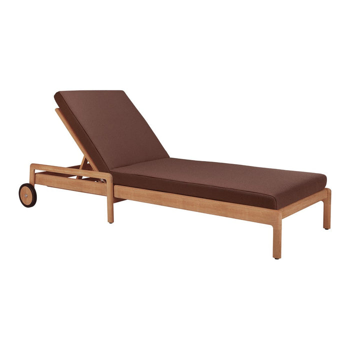 Brown cushioned lounger with a wooden frame, featuring a sleek, modern design and smooth, simple lines.