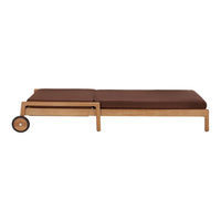 Brown cushioned lounge chair on a natural wood frame with a sleek, minimalistic design. Perfect for outdoor relaxation.