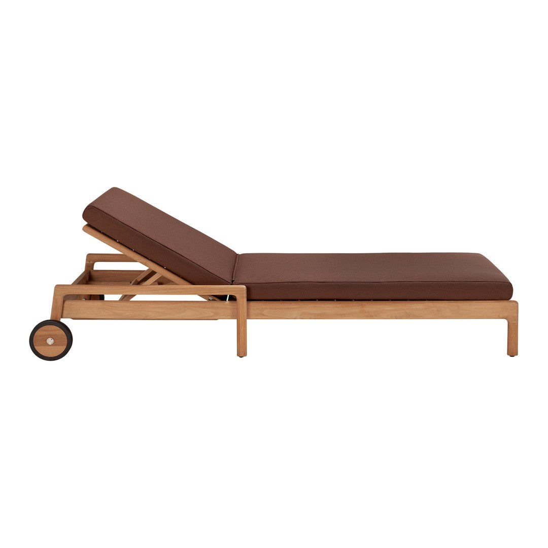 Brown cushioned chaise lounge with a natural wood frame and sleek lines, perfect for outdoor relaxation.