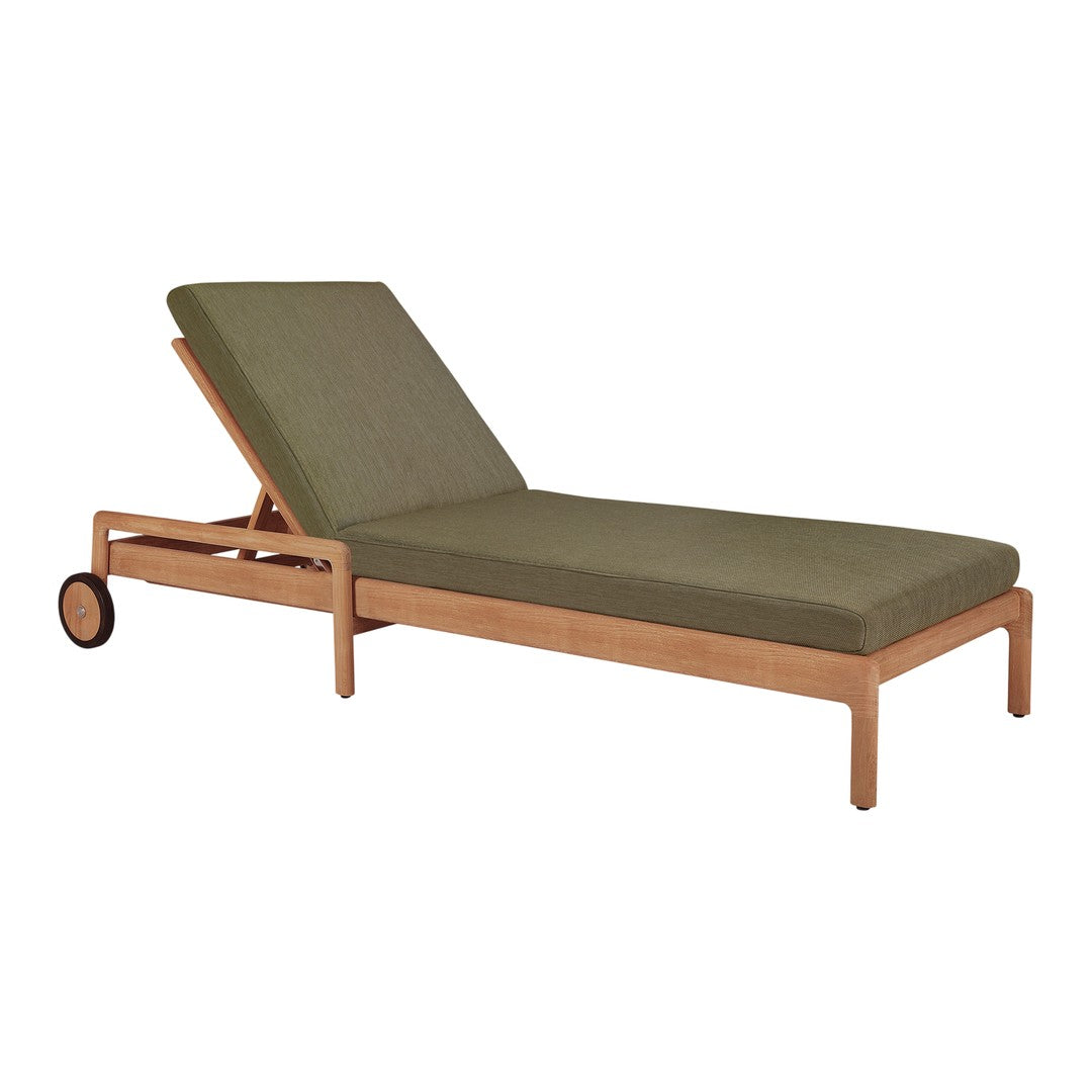 Olive green lounge chair with a wooden frame and sleek, minimalist design, perfect for outdoor relaxation.