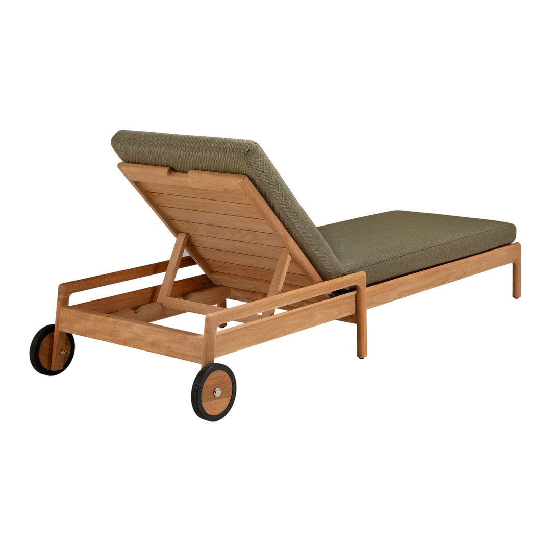 Wooden chaise lounge with olive green cushion, featuring a sleek design and natural wood grain. Ideal for outdoor settings.