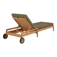 Wooden chaise lounge with olive green cushion, featuring a sleek design and natural wood grain. Ideal for outdoor settings.