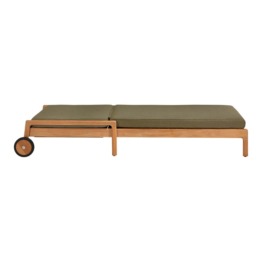 Brown wood lounge chair with olive green cushion, featuring a simple design and wheel for easy mobility.
