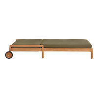 Brown wood lounge chair with olive green cushion, featuring a simple design and wheel for easy mobility.