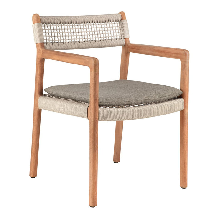 Beige and gray chair with natural wood frame and woven backrest, adding a modern touch to any space.