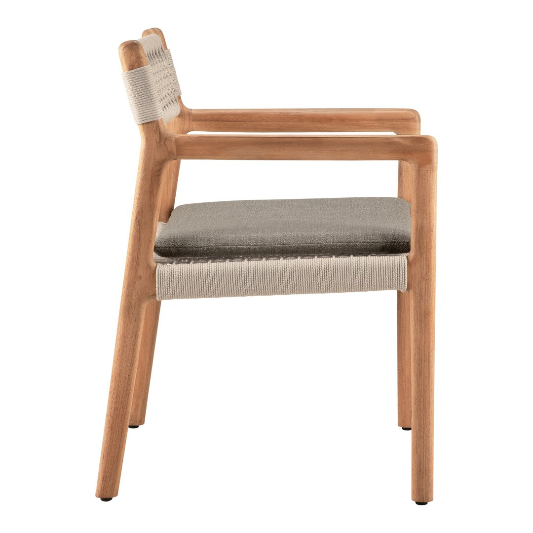 Stylish wooden chair with natural oak finish and a soft gray woven fabric seat. Modern and versatile design.