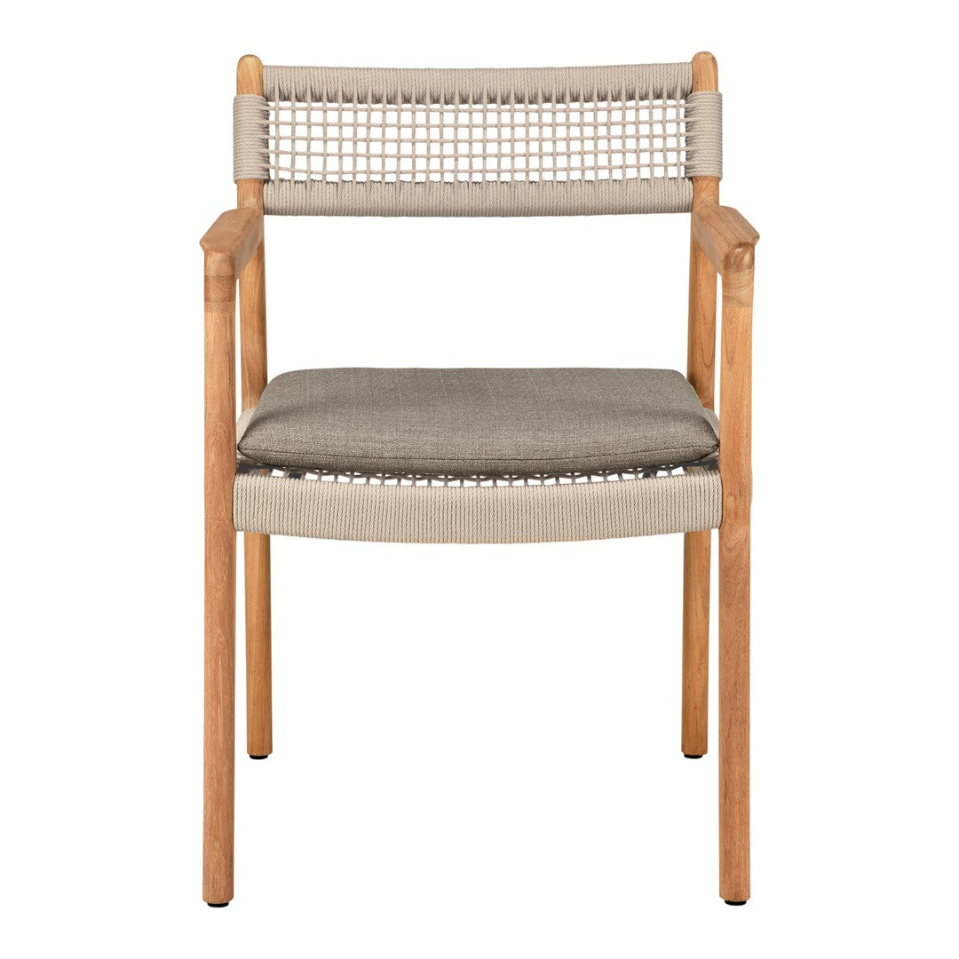 Beige and grey woven chair with natural wood accents and textured seat cushion. Modern, minimalist design.