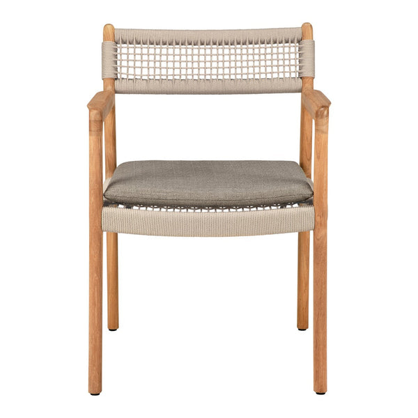 Beige and grey woven chair with natural wood accents and textured seat cushion. Modern, minimalist design.