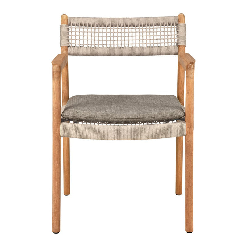 Beige and grey woven chair with natural wood accents and textured seat cushion. Modern, minimalist design.