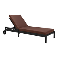 Brown cushioned chaise lounge with a sleek black frame, featuring a minimalist design and clean lines.