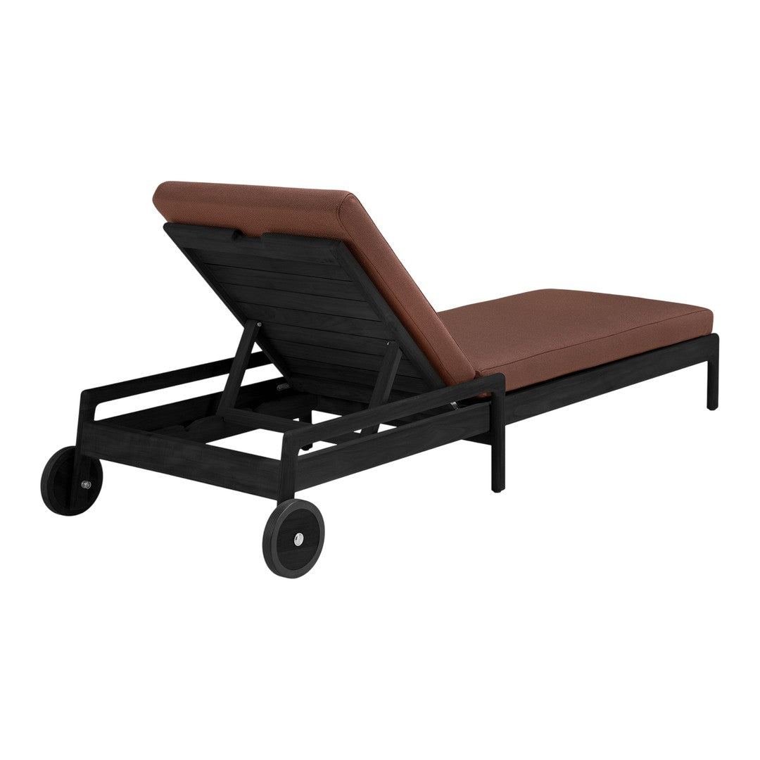 Brown cushioned chaise lounge with a sleek black metal frame and minimalist design, featuring smooth surfaces and clean lines.