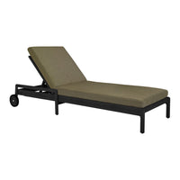 Olive green lounge chair with sleek black frame and padded cushion, perfect for outdoor relaxation.