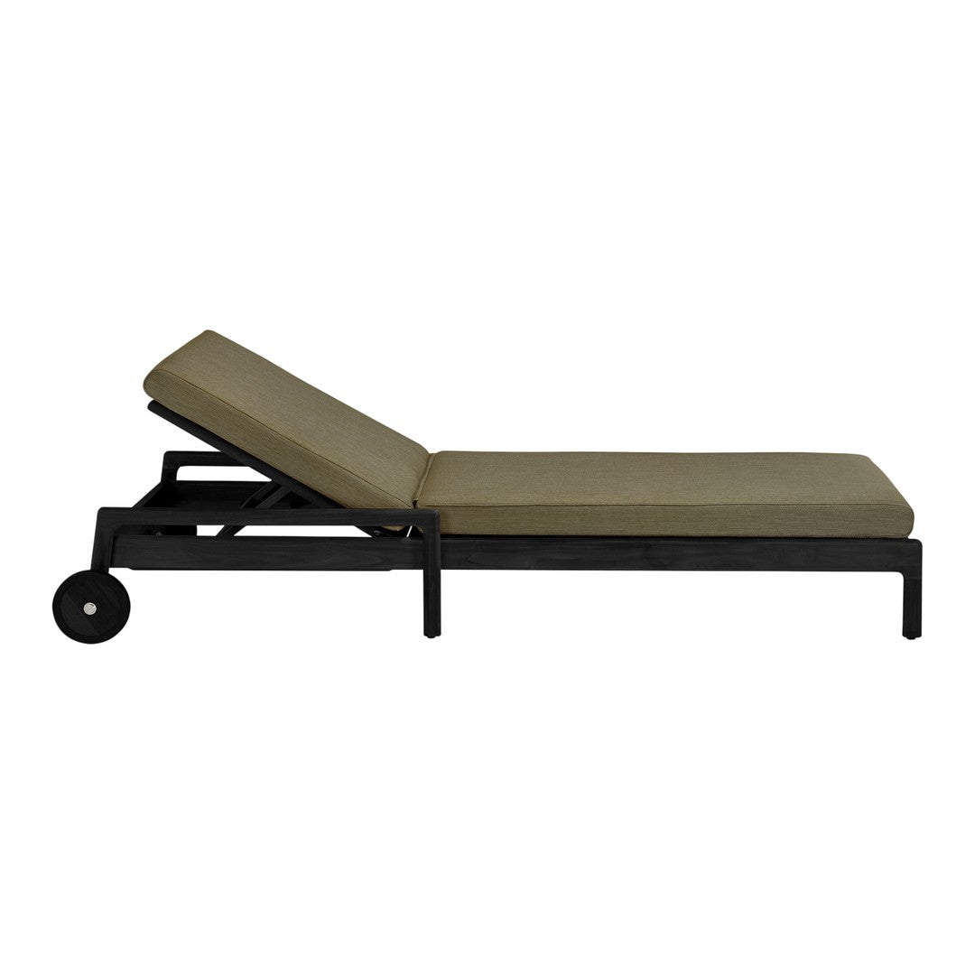 Olive green cushion on a sleek black lounge chair, featuring a simple, modern design. Perfect for outdoor relaxation.