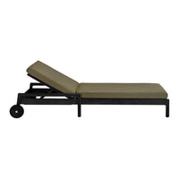 Olive green cushion on a sleek black lounge chair, featuring a simple, modern design. Perfect for outdoor relaxation.