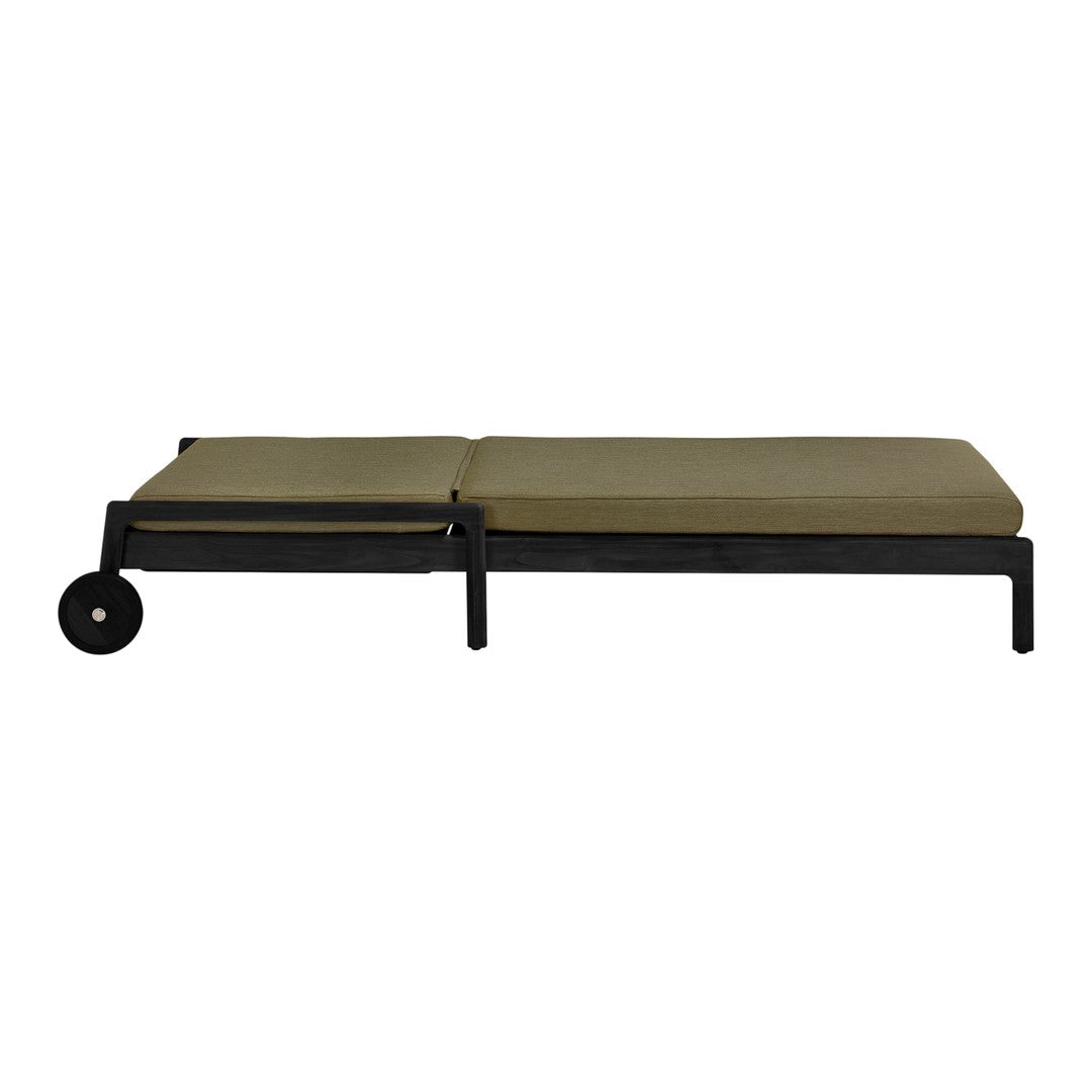 Green cushion on a sleek black frame, featuring a minimalist design with a horizontal pattern.
