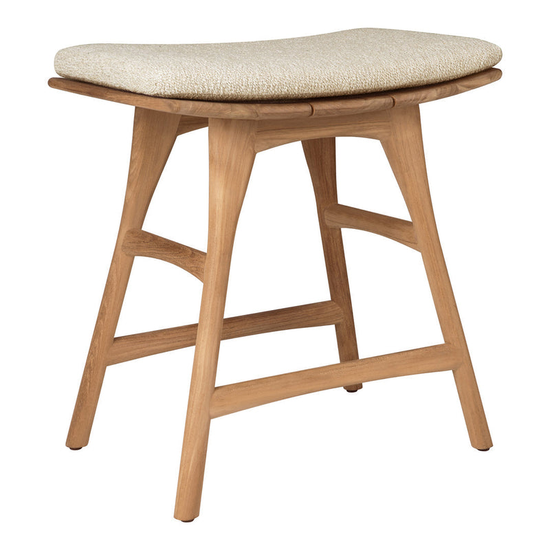 Beige upholstered stool with natural wood legs showcasing a minimalist design and curved outline.
